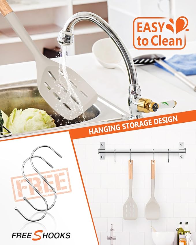 Pack of 2 Silicone Spatula, Non Stick Cooking Utensil Set Wooden Handle Kitchen Turner for Baking Mixing Grilling Serving Food Heat Resistant Non Scratch Hooks Included (Khaki) - Image 4