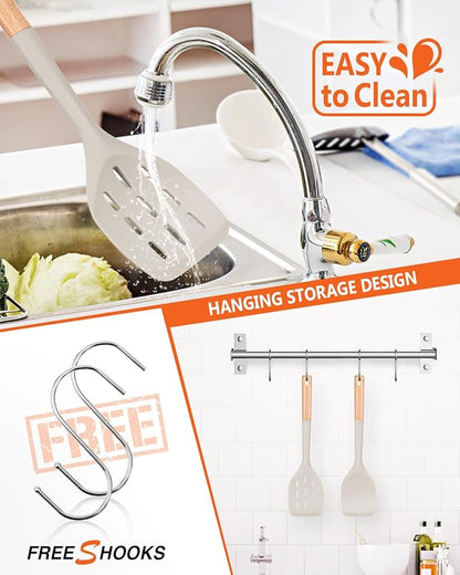 Pack of 2 Silicone Spatula, Non Stick Cooking Utensil Set Wooden Handle Kitchen Turner for Baking Mixing Grilling Serving Food Heat Resistant Non Scratch Hooks Included (Khaki) - Image 4