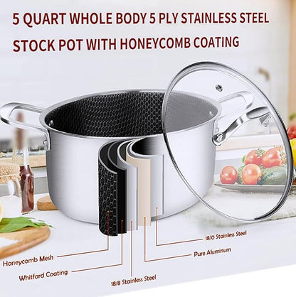 LOLYKITCH 5 QT Tri-Ply Hybrid Stainless Steel Non Stick Stock Pot with Lid,Induction Cooking Pot,Dishwasher and Oven Safe