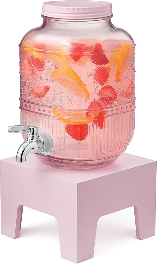 Beverage Dispenser 1 Gallon, Glass Drink Dispenser with Wooden Base Stand, Wide Mouth Jar for Lemonade, Iced Tea, Infused Water, Vintage Kitchen Decor - Pink