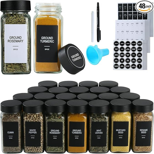 48 Glass Spice Jars with Labels, Spice Jar Set, 4oz Spice Containers, Seasoning Containers with Black Airtight Lids and Shaker Lids, Square Empty Spice Bottles, 492 Labels, 1 Funnel by Unknown
