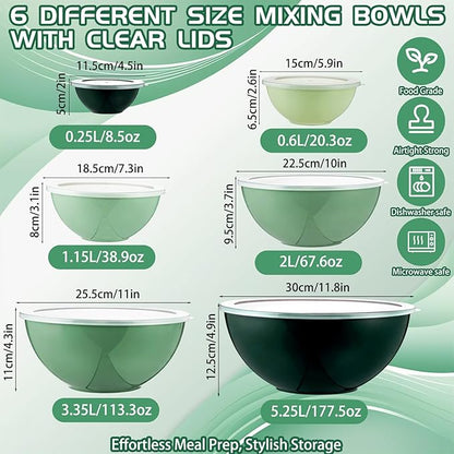 LemonRoad 6 Pcs Plastic Mixing Bowl Set with Lids Colorful Serving Bowl Nesting Storage Bowls for Kitchen, Baking, Prepping, Cooking and Serving Food, Dishwasher & Microwave Safe(Green)