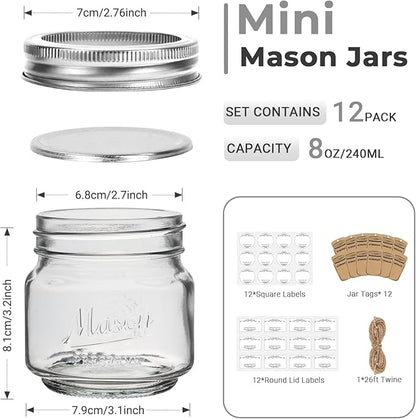 Eathtek 8 oz Glass Mason Jars with Regular Lids, 12 Pack 240 ml Canning Jars With Labels, Tags & Twine for Jam Jelly Spice Honey Herbs, Shower Favors Food Storage Wedding & Party Decor