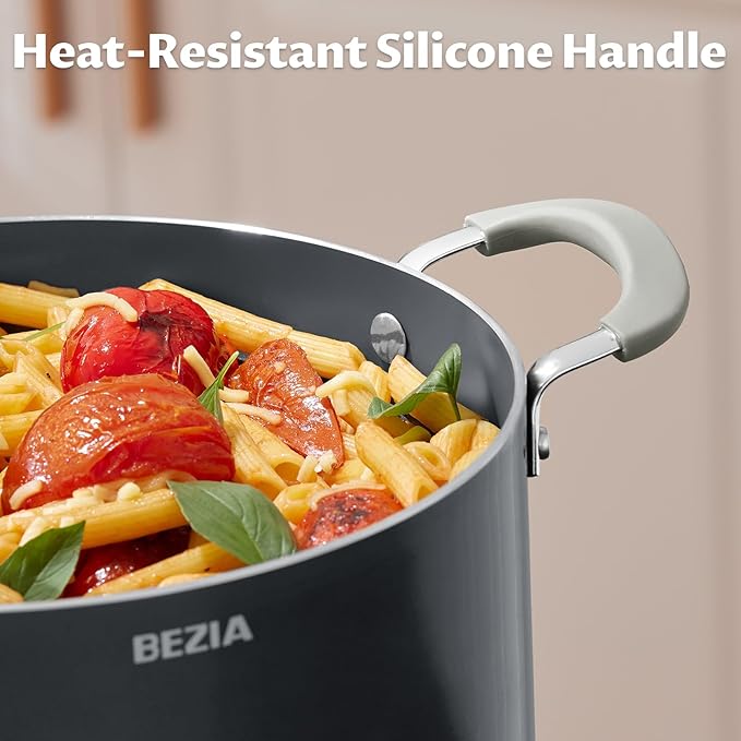 8 Quart Nonstick Stock Pot with Lid - BEZIA Ceramic Large Soup Pot for Family Cooking, Induction Ready, Stay-Cool Silicone Handles, Easy Cleanup, Perfect for Stews, Pasta & Batch Cooking - Image 3