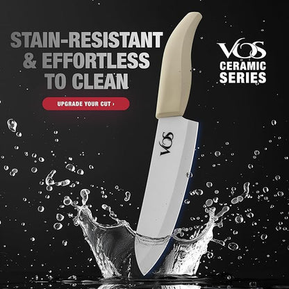 Vos ceramic knives set for kitchen in gift box, 5 ceramic knife with cover with scissors, 3" 4" 5" 6" ultra sharp knives for home cooks, lightweight, rust-free, dishwasher safe (Off-white handle)