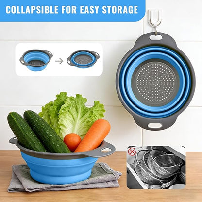 2 Pack Collapsible Silicone Colander with Handle, Over Sink Foldable Food Strainer, BPA-Free Space Saving Drain Basket for Vegetables, Fruits, Pasta, Kitchen & Camping (Blue) - Image 3