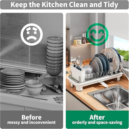 SanDream Small Dish Drying Rack with Removable Utensil Holder & Anti-Scratch Base - Stainless Steel Dish Rack, Dish Drying Rack with Drainage & Space Saving Design for Kitchen Counter, White - Image 6
