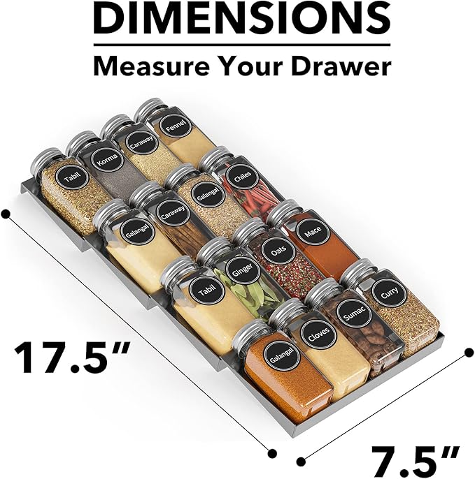 SpaceAid Spice Drawer Organizer with 16 Spice Jars, 386 Spice Labels, 4 Tier Seasoning Rack Tray Insert for Kitchen Drawers, 7.5" Wide x 17.5" Deep - Image 4
