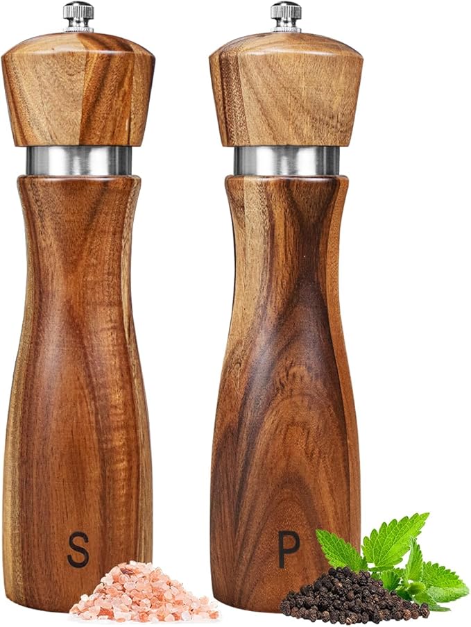 2 Pack Acacia Wood Salt and Pepper Grinder Set, Wooden Salt and Pepper Mill Set Salt and Pepper Shaker Tableware Birthday Gifts Ceramic Core-8 Inch by Haomacro