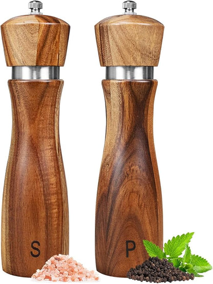 2 Pack Acacia Wood Salt and Pepper Grinder Set, Wooden Salt and Pepper Mill Set Salt and Pepper Shaker Tableware Birthday Gifts Ceramic Core-8 Inch by Haomacro