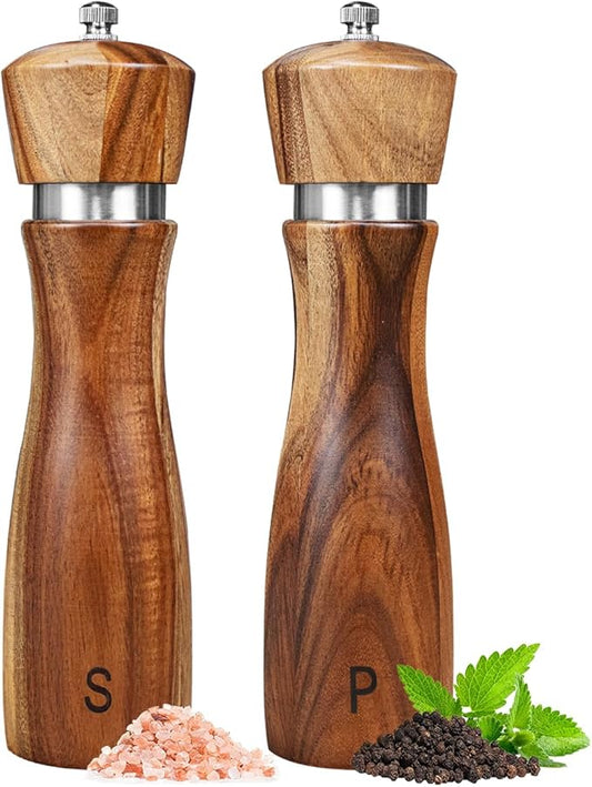 2 Pack Acacia Wood Salt and Pepper Grinder Set, Wooden Salt and Pepper Mill Set Salt and Pepper Shaker Tableware Birthday Gifts Ceramic Core-8 Inch by Haomacro