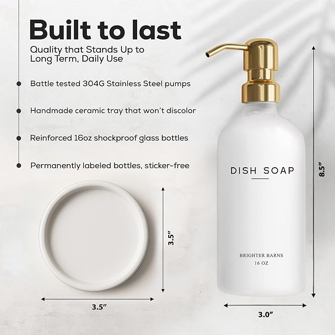 Luxury Glass Dish Soap Dispenser for Kitchen Sink by Brighter Barns - Modern Kitchen Soap Dispenser Set - Refillable Glass Pump Bottle and Tray - White and Gold Home Decor and Accessories, Gift (Gold) - Image 3