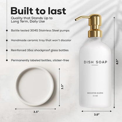 Luxury Glass Dish Soap Dispenser for Kitchen Sink by Brighter Barns - Modern Kitchen Soap Dispenser Set - Refillable Glass Pump Bottle and Tray - White and Gold Home Decor and Accessories, Gift (Gold) - Image 3