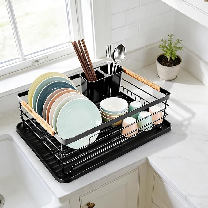 Dish Racks for Kitchen Counter, Thickened Metal Dish Drying Rack with Wooden Handles, Kitchen Countertop Organizer for Dishes, Spoons and Forks, No Assembly, Black, 16.7''*12.6''*5.12'' by FVELLIX