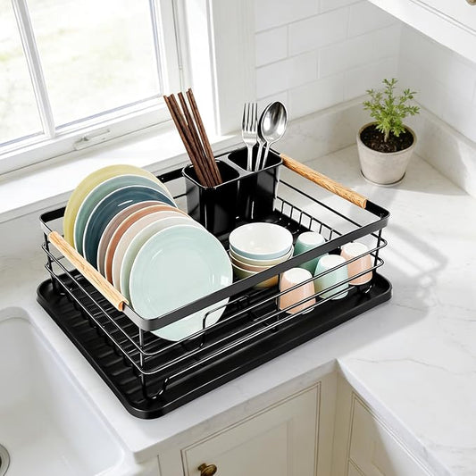Dish Racks for Kitchen Counter, Thickened Metal Dish Drying Rack with Wooden Handles, Kitchen Countertop Organizer for Dishes, Spoons and Forks, No Assembly, Black, 16.7''*12.6''*5.12'' by FVELLIX