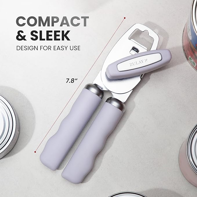 Zulay Kitchen Heavy Duty Stainless Steel Can Opener Manual with Bottle Opener - Rust Proof Manual Can Opener With Turn Knob & Comfy Soft Grip Handles - Light Lilac - Image 2