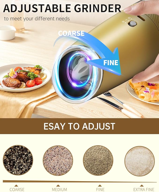 CIRCLE JOY 2-Speed Gravity Electric Pepper Grinder, Rechargeable Salt Grinder Pepper Mills, Adjustable Coarseness, White LED Light, 135ML Large Capacity, Gold - Image 6