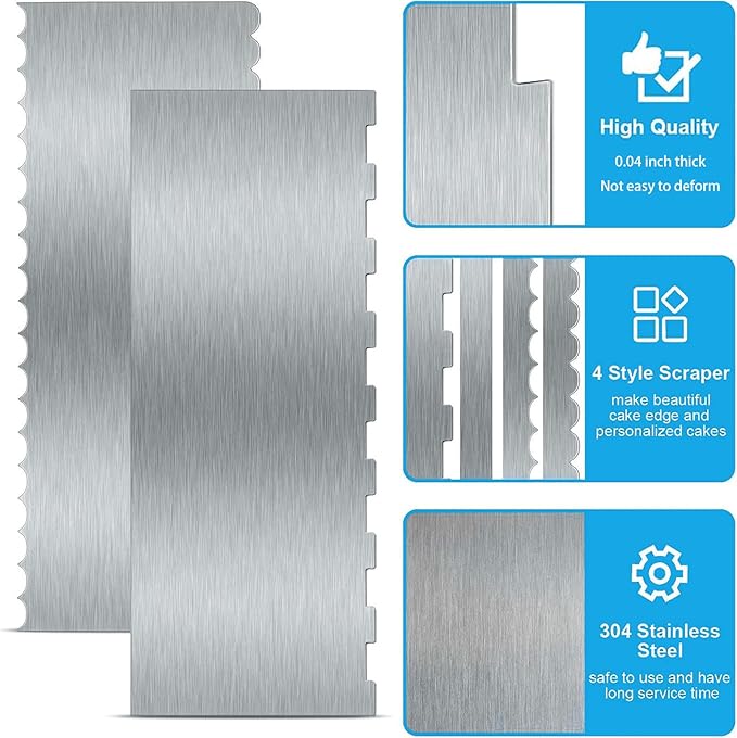 2 Pieces 8.7 Inche Stainless Steel Cake Scraper Double Sided Patterned Edge Stripe Edge Smoother Frosting Scraper Cake Decorating Cake Decorating Comb Cake Scraper For Butter Cream Mousse(2, 2) - Image 4
