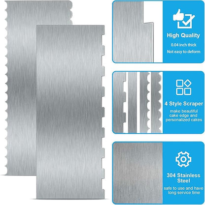 2 Pieces 8.7 Inche Stainless Steel Cake Scraper Double Sided Patterned Edge Stripe Edge Smoother Frosting Scraper Cake Decorating Cake Decorating Comb Cake Scraper For Butter Cream Mousse(2, 2) - Image 4