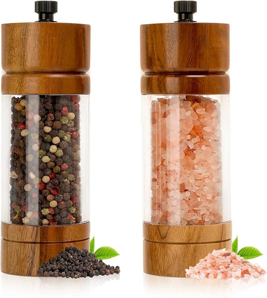 Salt and Pepper Grinder Set,Manual Salt Pepper Mills Grinders for Kitchen,Refillable and Adjustable Wooden Shakers for Pepper Salt Spices