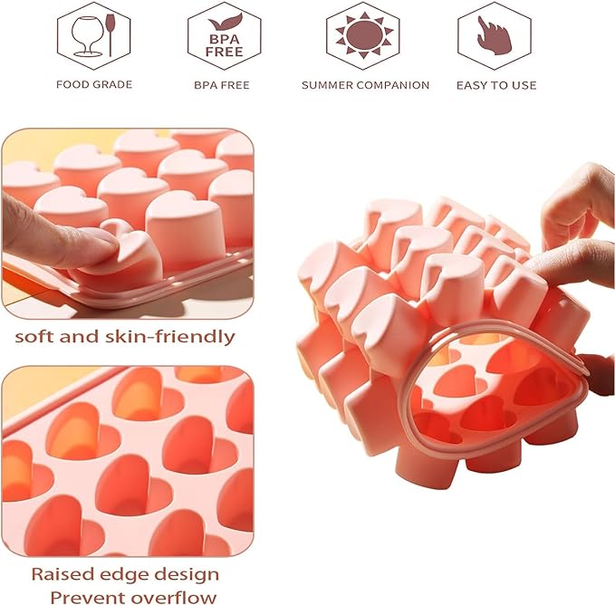 Heart-Shaped Ice Cube Trays With Lid and Bin- 24 Holes Silicone Fun Ice Cube Tray, BPA Free and Dishwasher Safe, Mini Cute Shape Ice Cube Mold, Easy to Remove With Lid (Pink)