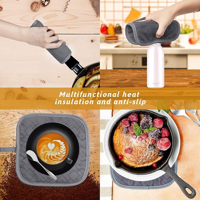 4Pcs Oven Mitts and Pot Holders Set, 572F Heat Resistant Oven Glove, Soft Cotton Lining with Non-Slip Surface for Kitchen Baking BBQ (Grey) - Image 4