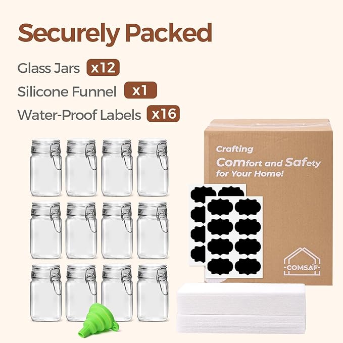 ComSaf Set of 12 Square Glass Jars with Airtight Lids (8 Oz), Pantry Canisters for Spices, Jams, & Herbs, Wire Clamp Jar for Overnight Oats, Pickling, Favors, Includes Labels & Funnel - Image 8