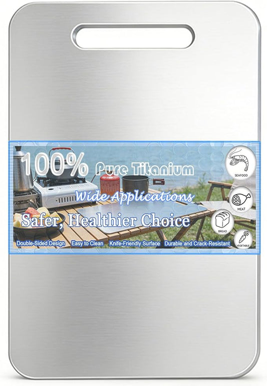 100% Pure Titanium Cutting Board, Double-Sided Titanium Cutting Boards for Kitchen Dishwasher Safe, Camping Metal Charcuterie Chopping Board Mat for Meat, Fruit & Cheese (XL, 13.6”×9.5”) by Unknown