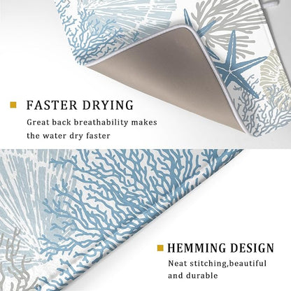 Nautical Dish Drying Mat for Kitchen Counter Coastal Seashell Starfish Summer Microfiber Absorbent Dish Draining Reusable Washable Foldable Extra Large 18"x24" - Image 3