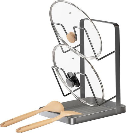 Kitchen Pot Lid Storage Rack,Stainless Steel Pot Lid Holder while Cooking,Multifunctional Kitchen Pot Lid Organizer for Countertop,Two-compartment Cooking Rack