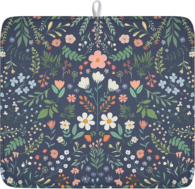 Floral Dish Drying Mat for Kitchen Counter Rustic Flower Leaves Print Microfiber Dish Drainer Mat Farmhouse Floral Absorbent Washable Drying Pad 16"x18"