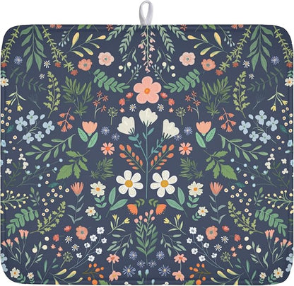 Floral Dish Drying Mat for Kitchen Counter Rustic Flower Leaves Print Microfiber Dish Drainer Mat Farmhouse Floral Absorbent Washable Drying Pad 16"x18"
