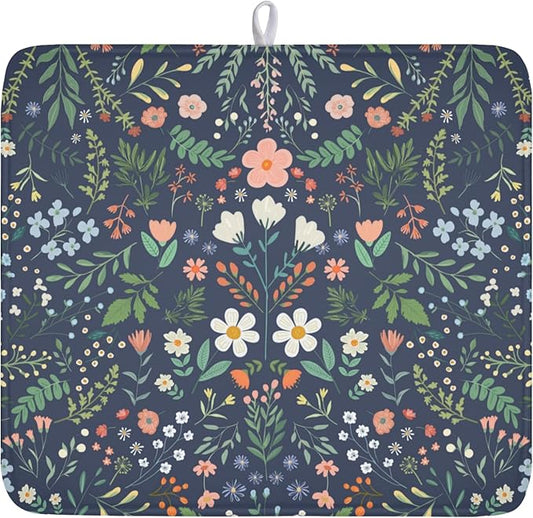 Floral Dish Drying Mat for Kitchen Counter Rustic Flower Leaves Print Microfiber Dish Drainer Mat Farmhouse Floral Absorbent Washable Drying Pad 16"x18"