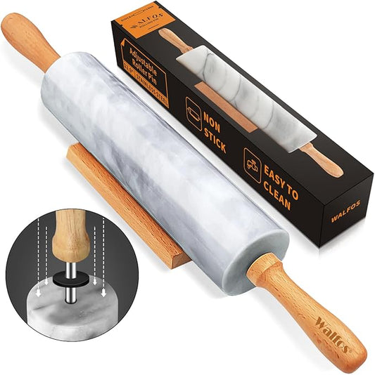 Walfos Marble Rolling Pin With Wooden Handles & Wood Cradle, 16.5 Inch Marble Rolling Pins For Making Pizza Dough And Tortillas, Dough Roller For Pie Crust, Cookie, Pasta (Gray & White) by Walfos