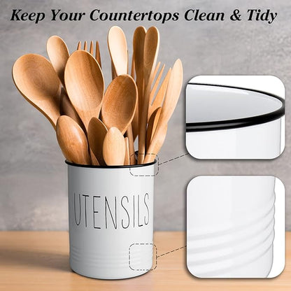 Bivvclaz Kitchen Utensil Holder, 6.7" Utensil Holder for Kitchen Counter, Cooking Utensil Crock with Cork Bottom, Modern Farmhouse Decor, Countertop Utensil Storage Caddy Organizer, White - Image 4