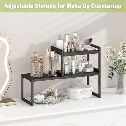 DOLALIKE Expandable kitchen Countertop Organizer, Stackable Cabinet Shelf Organizers, Space Saving Spice Rack Pantry Storage for Bathroom Office (Black, 1 Pack)