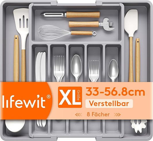 Lifewit Silverware Drawer Organizer, Expandable Utensil Tray for Kitchen, BPA Free Flatware and Cutlery Holder, Adjustable Plastic Storage for Spoons Forks Knives, 33 -57 x 42cm, Gray by Lifewit