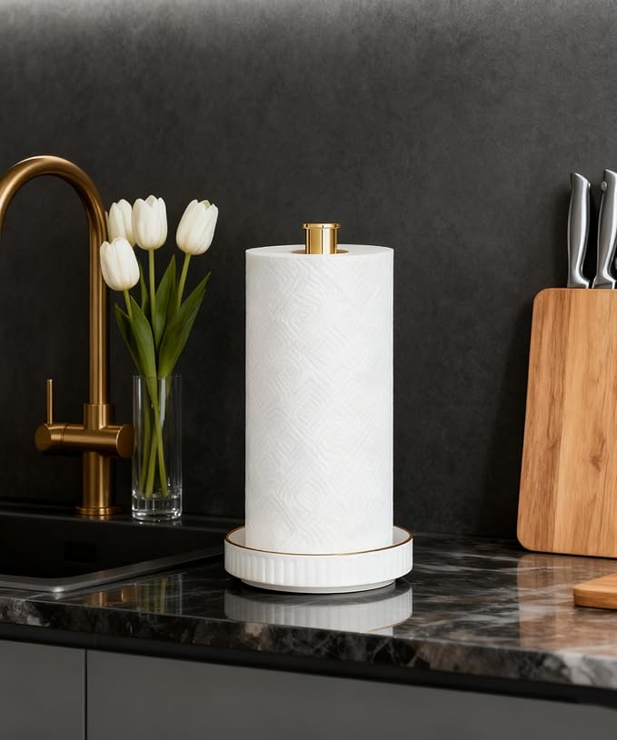 VROOMIUM Paper Towel Holder Countertop, Gold and Ceramic Base Easy-to-Clean, Fits Double to Family Rolls, Elegant and Durable Kitchen Roll Stand, Lux-Gold
