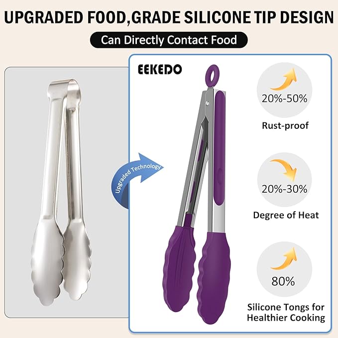 Kitchen Tongs, Stainless Steel Cooking Tongs with Silicone Tips, 600ºF High Heat-Resistant Non Scratch Locking Tongs for Cooking BBQ Grilling Air Fryer Pans, Set of 3 (7" 9" and 12") Purple - Image 8