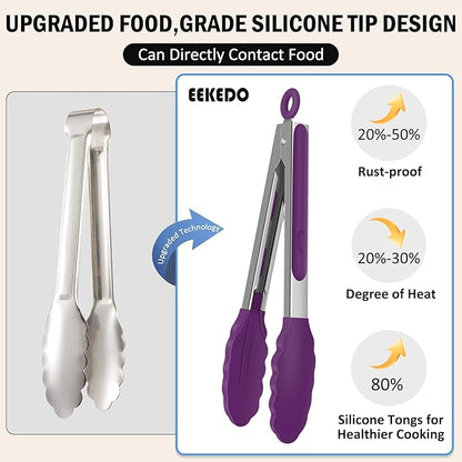 Kitchen Tongs, Stainless Steel Cooking Tongs with Silicone Tips, 600ºF High Heat-Resistant Non Scratch Locking Tongs for Cooking BBQ Grilling Air Fryer Pans, Set of 3 (7" 9" and 12") Purple - Image 8