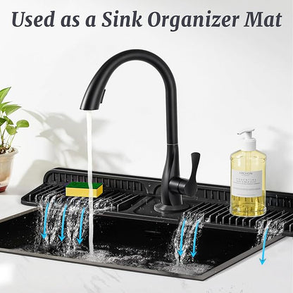PoYang 24 inch Faucet Mat for Kitchen Sink Splash Guard, 7° Slope Silicone Sink Water Splash Guard for Kitchen Sink Area with Snap Button, Longer Sink Protectors for kitchen Sink Sponge Holder, Black