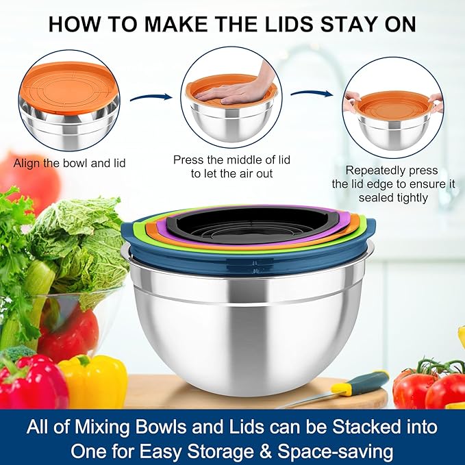 TeamFar Mixing Bowls with Lids, 5PCS Stainless Steel Metal Salad Bowl with 3 Grater Attachments, for Cooking, Prepping, Serving, Healthy, Airtight Lids & Easy Clean - 0.7/1 / 1.5/2.6/4.6QT - Image 8