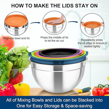 TeamFar Mixing Bowls with Lids, 5PCS Stainless Steel Metal Salad Bowl with 3 Grater Attachments, for Cooking, Prepping, Serving, Healthy, Airtight Lids & Easy Clean - 0.7/1 / 1.5/2.6/4.6QT - Image 8