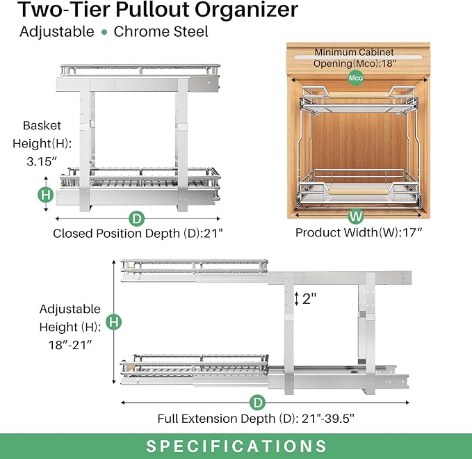 Pull out Cabinet Organizer, 2 Tiers 17"W X 21"D, Heavy Duty Smooth Sliding Under Cabinet Shelves for Pots and Pans, Full-Extension Roll out Drawers, Slide out Organization for Home Kitchen Pantry - Image 3