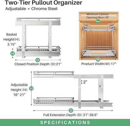 Pull out Cabinet Organizer, 2 Tiers 17"W X 21"D, Heavy Duty Smooth Sliding Under Cabinet Shelves for Pots and Pans, Full-Extension Roll out Drawers, Slide out Organization for Home Kitchen Pantry - Image 3