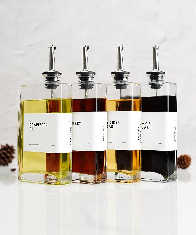 APT 1101 Olive Oil Dispenser for Kitchen, Cooking Oil and Vinegar Dispenser Set, Olive Oil Bottle, Soy sauce dispenser, coffee syrup bottles with stainless steel pourers (Silver, Set of 4) - Image 7