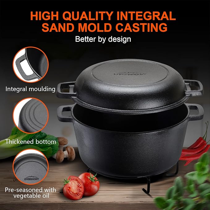 Overmont 2-in-1 Cast Iron Dutch Oven - 5QT Pre-Seasoned All-in-One Casserole Braising Pan with Skillet Lid Cookbook & Silicone Handle Covers - Heavy Duty Oven-Safe Pot for Bread Baking Frying Camping - Image 8
