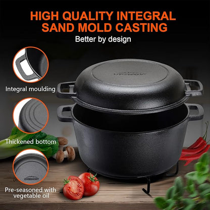 Overmont 2-in-1 Cast Iron Dutch Oven - 5QT Pre-Seasoned All-in-One Casserole Braising Pan with Skillet Lid Cookbook & Silicone Handle Covers - Heavy Duty Oven-Safe Pot for Bread Baking Frying Camping - Image 8