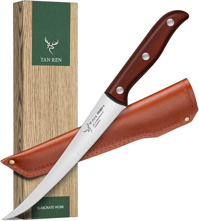 TAN REN 7-Inch Stainless Steel Boning Knife, Meat Cutting Knife with Sheath, Flexible Curved Blade for Brisket and Fish Filleting