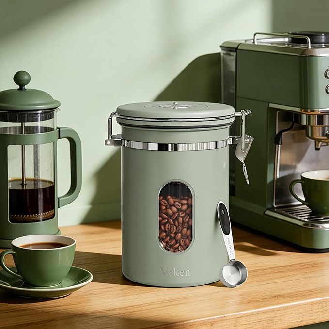 Veken Coffee Canister with Window, Airtight Stainless Steel Kitchen Food Storage Container with Lids, Date Tracker and Scoop for Grounds Coffee, Beans, Tea, Flour, Cereal, Sugar Jars, 22OZ, Green - Image 3